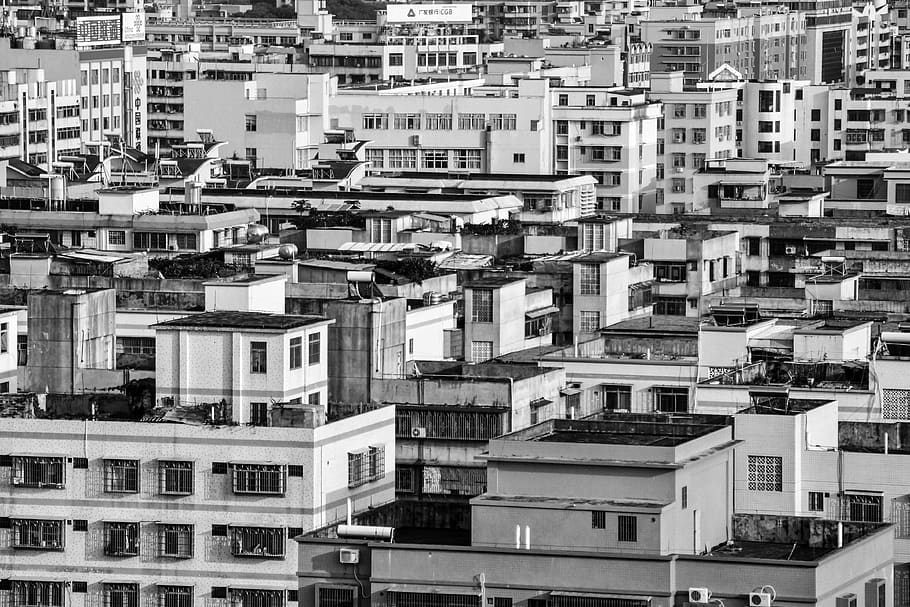 grayscale photography of buildings, urban, city, aerial view