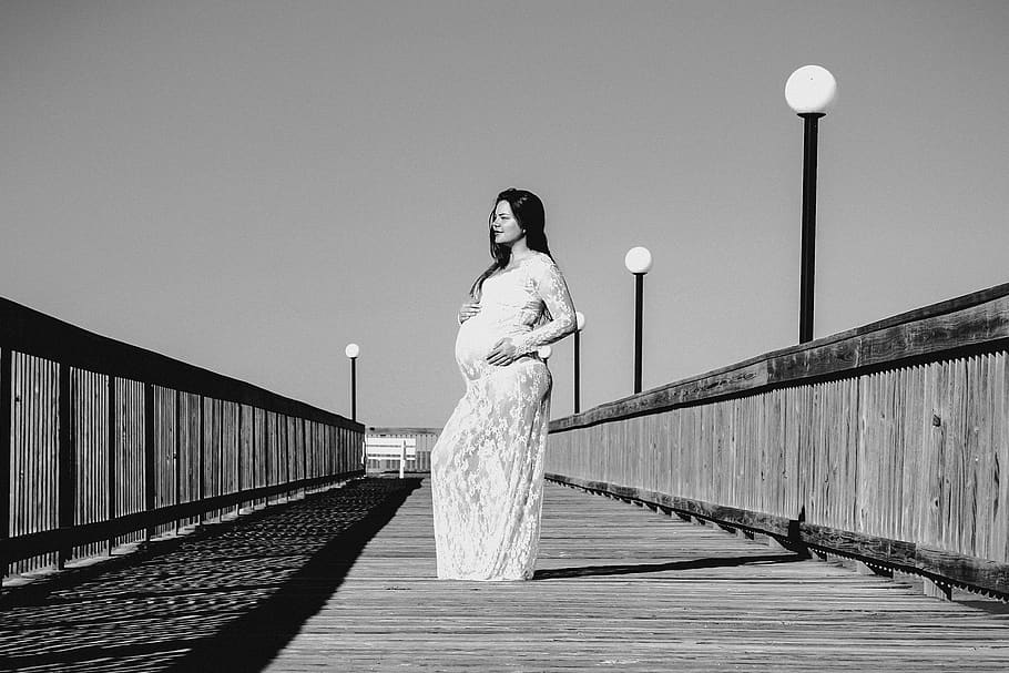 Grayscale Photo of Pregnant Woman Wearing Maxi Dress, adult, beach