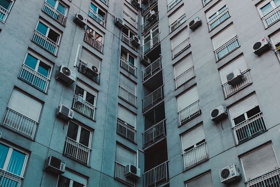 gray high-rise building, urban, street photography, balcony, fence