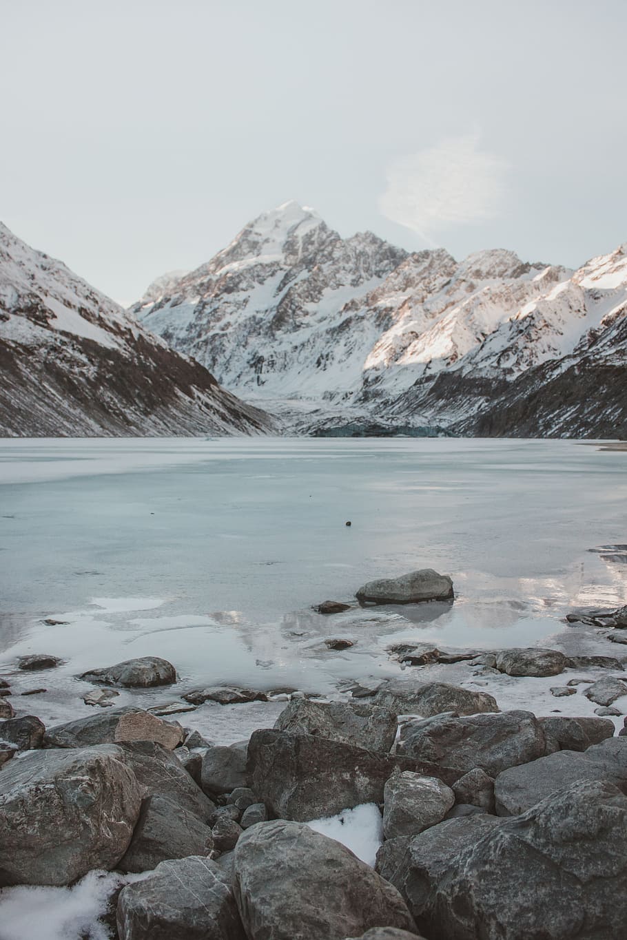 snow covered mountain, water, winter, cold, outdoor, rock, stone HD wallpaper