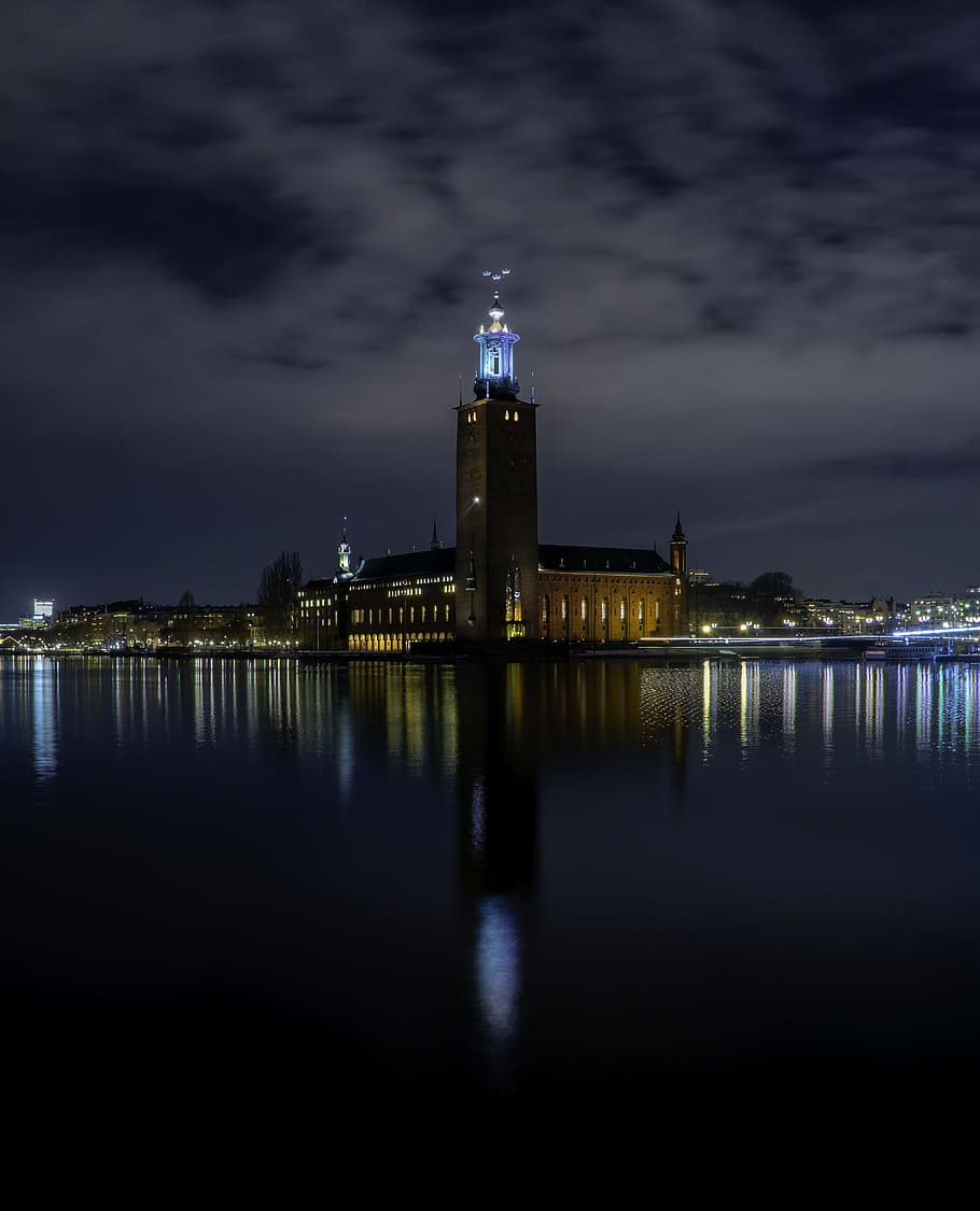 landmark tower, reflection, water, building, river, skyline, city HD wallpaper