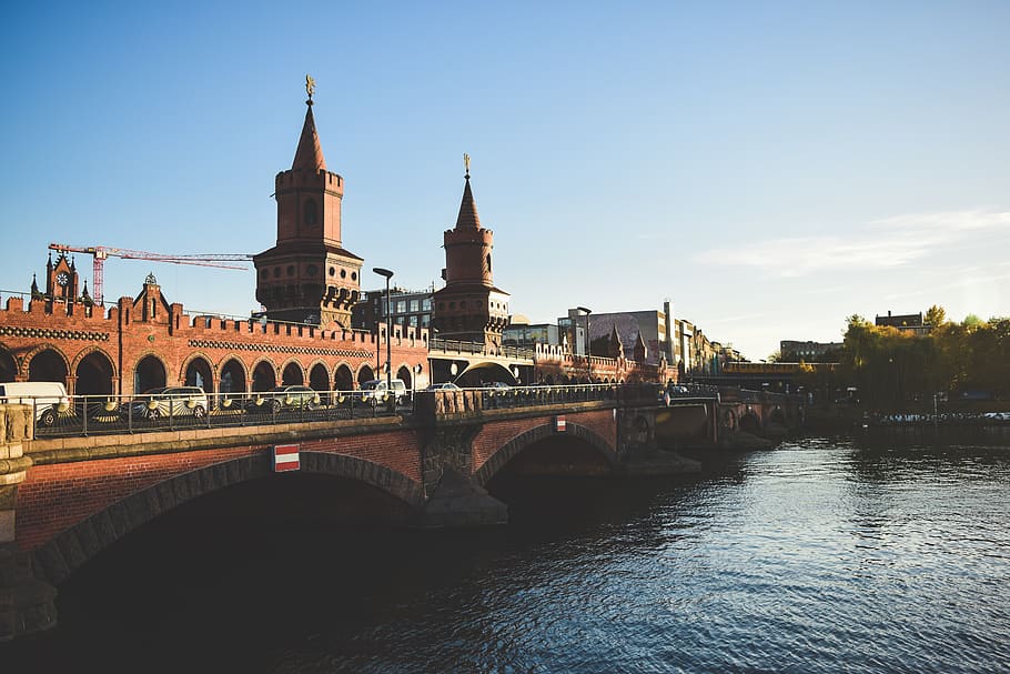 germany, berlín, oberbaum bridge, sunset, architecture, blue sky HD wallpaper