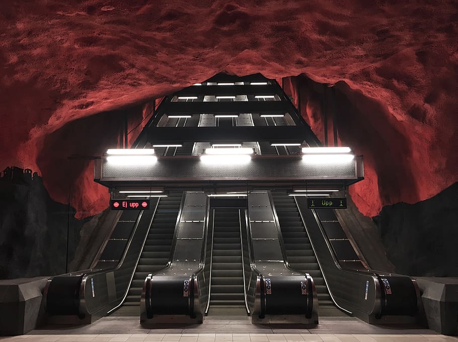 three black escalators inside red and black room, indoors, architecture HD wallpaper