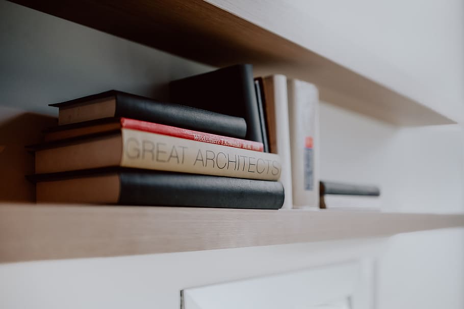 Architecture books on the shelf, read, reading, bookcase, study, HD wallpaper