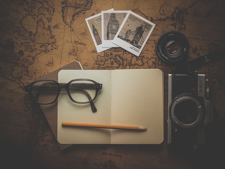 Black Framed Eyeglasses on White Empty Book, camera, lens, map HD wallpaper