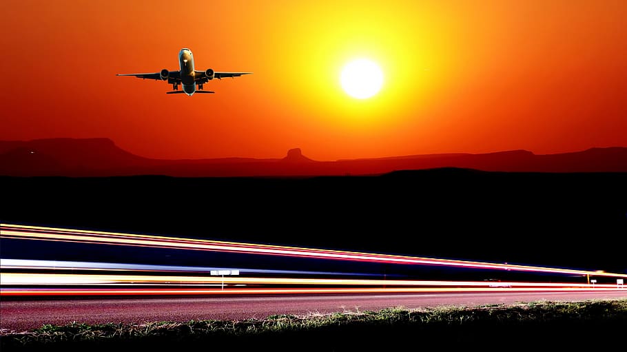 sunset, light, night, vehicles, sky, landscape, road, line HD wallpaper
