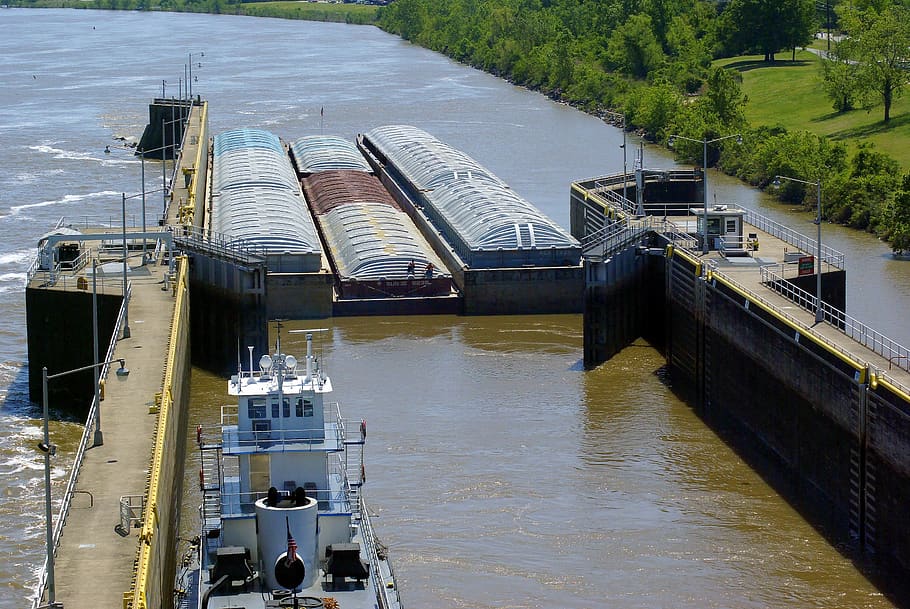 murray lock, barges, tug, tugboat, arkansas, river, little HD wallpaper