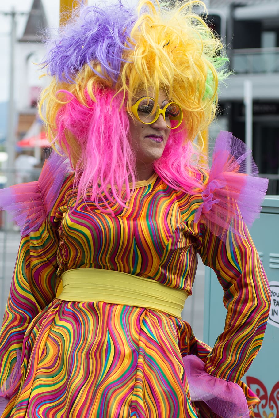 Person Wearing Yellow, Pink, and Purple Hair Witg, beautiful HD wallpaper