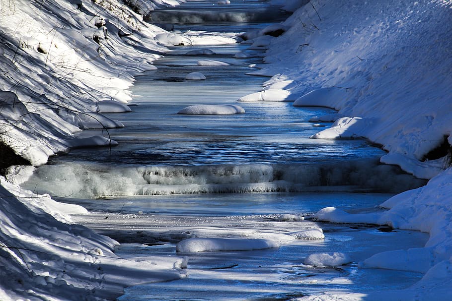 winter, wintry, ice, bach, stream bed, cold, icicle, landscape HD wallpaper