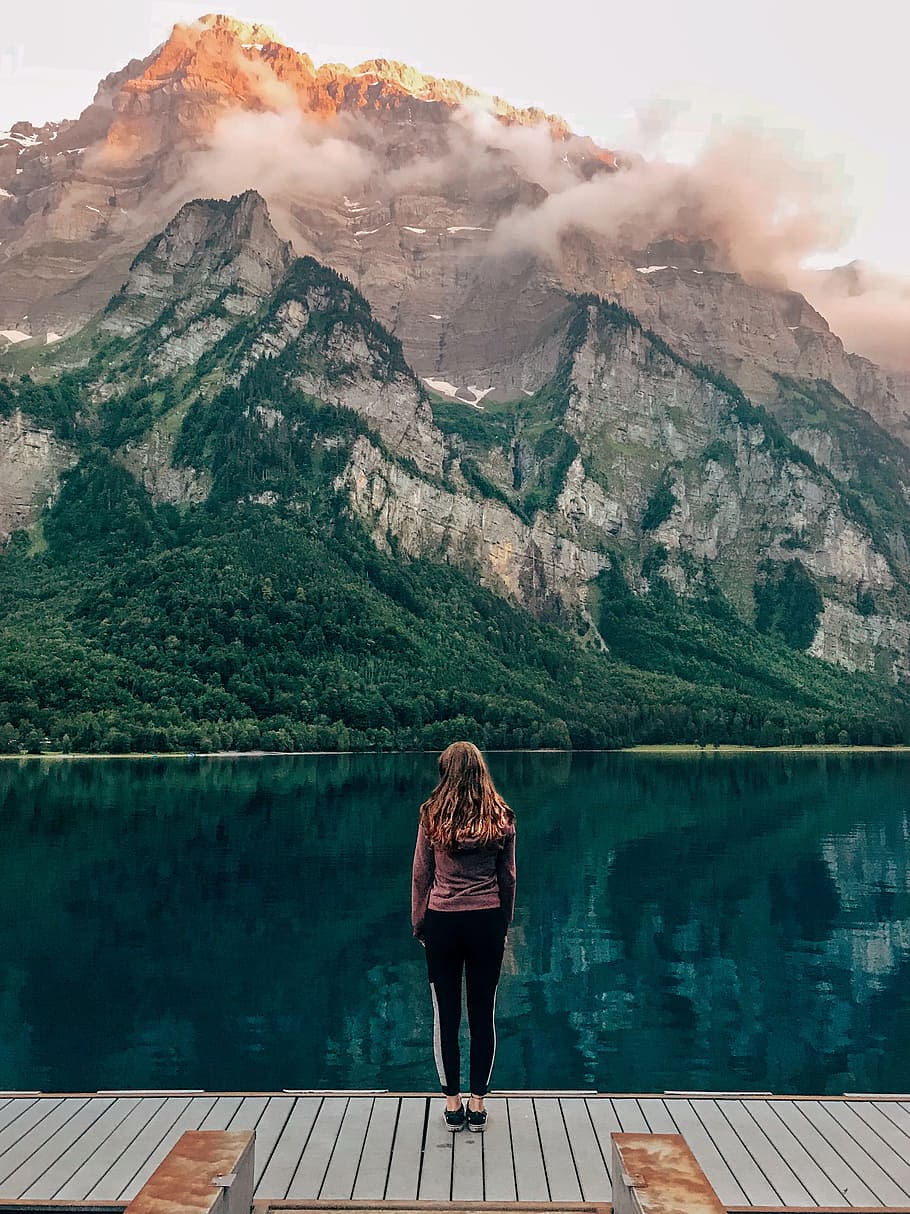 Woman Standing on Brown Wooden Plank, alps, clouds, dawn, dock HD wallpaper