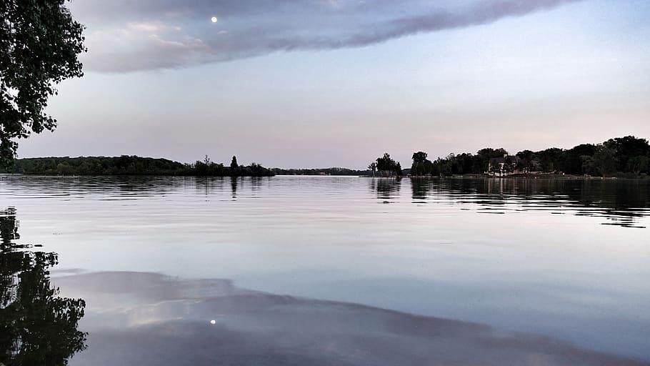 lake, sunset, moon, reflection, clouds, trees, water, sky, tranquility HD wallpaper