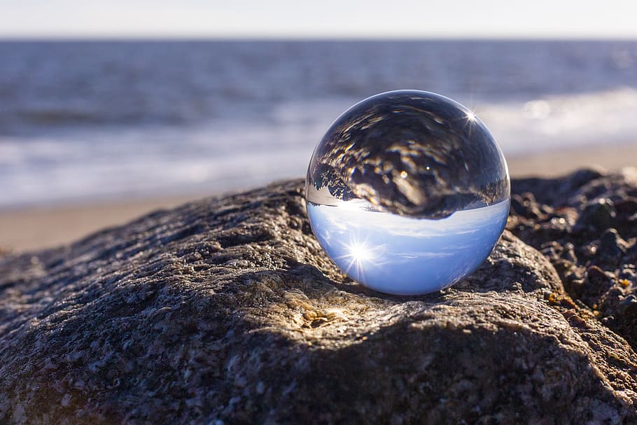 reflection, rocks, sea, beach, ocean, lensball, sphere, crystal ball