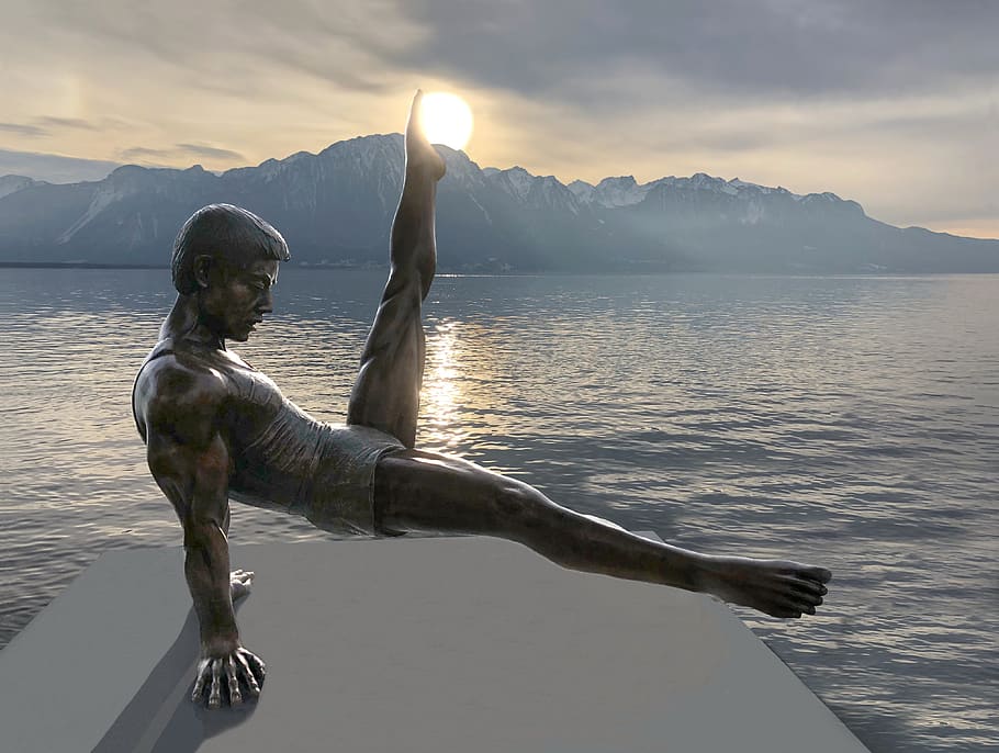 statue, gymnast, lake, figure, sunset, montreux, switzerland, HD wallpaper