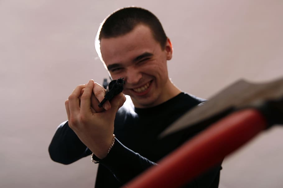 man, gun, axe, guy, male, person, photo, protection, weapon HD wallpaper