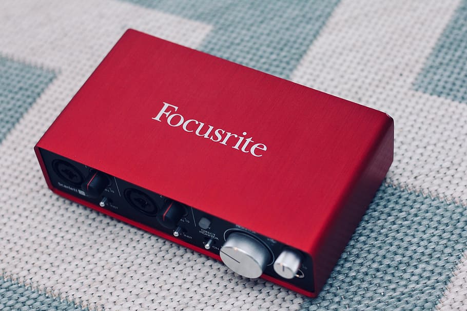 red Focusrite device, electronics, amplifier, audio interface, HD wallpaper