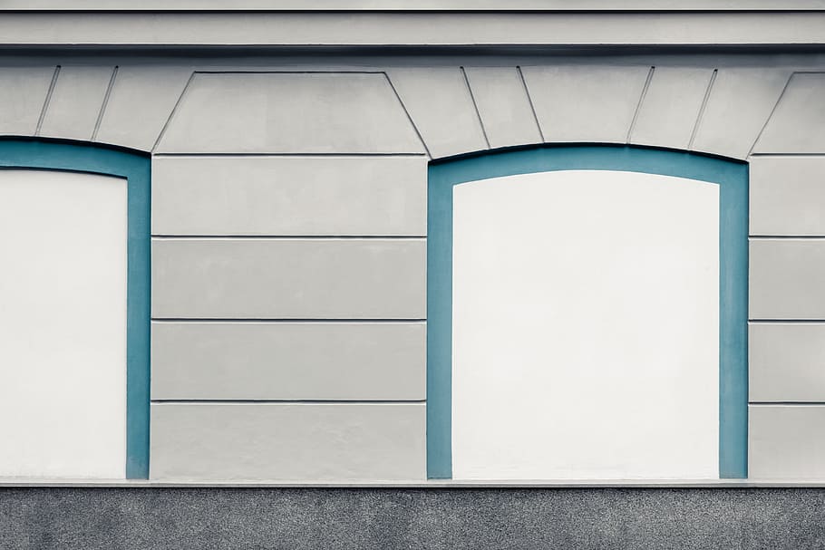 gray-and-teal concrete doorway, building, geometry, wall, white, HD wallpaper