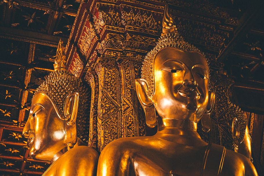 golden Buddha statue, worship, architecture, building, temple HD wallpaper