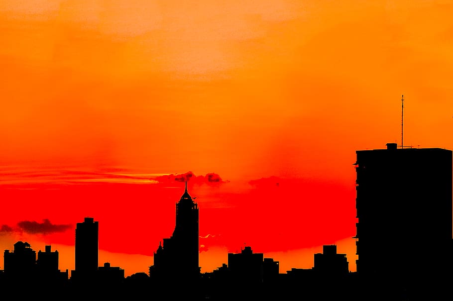 Silhouette of Buildings , backlit, dawn, sky, skyline, skyscrapers HD wallpaper