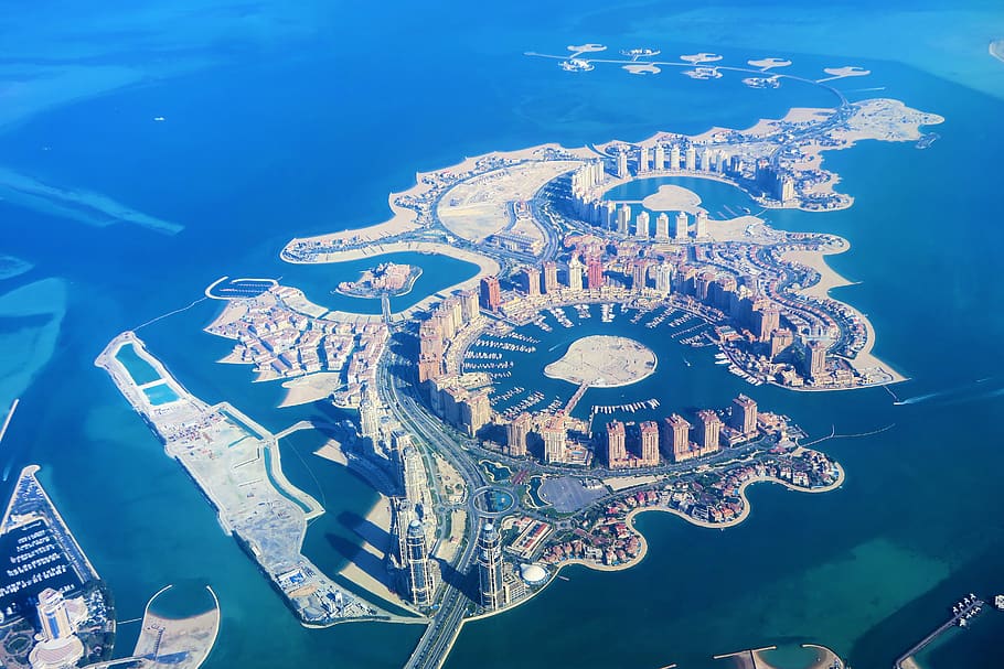 artificial islands, qatar, doha, panorama, architecture, city