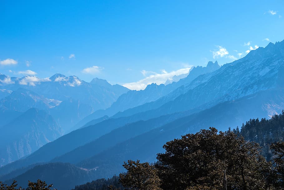 Landscape Photo of Mountains, blue, blue mountains, clouds, cold, HD wallpaper