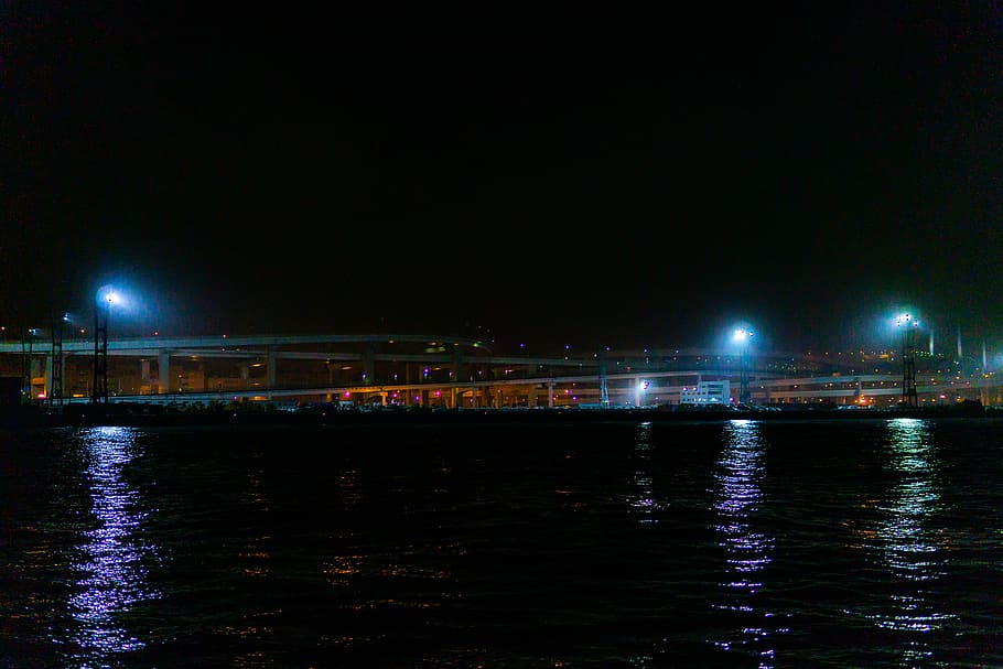 highway, night view, water, illuminated, waterfront, reflection HD wallpaper
