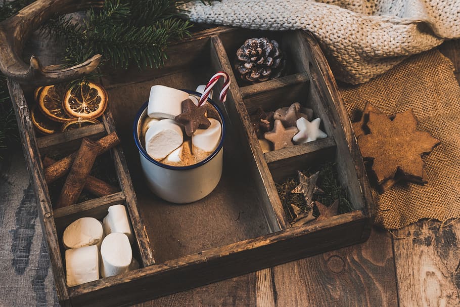 Marshmallows on Tray, close-up, colors, cup, dark, flatlay, focus HD wallpaper