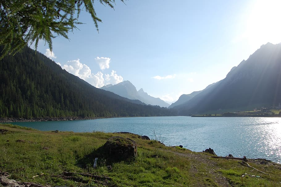 lake, waldhang, sunshine, reflection, blue, landscape, mountains HD wallpaper