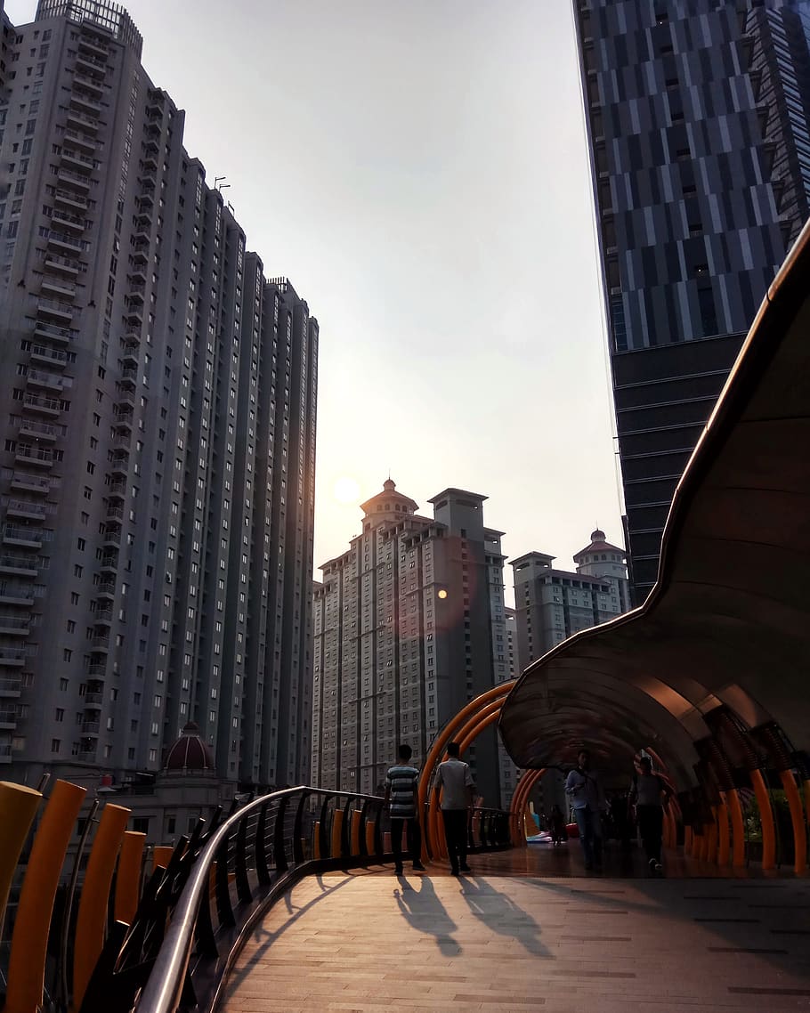 several people walking on bridge, handrail, banister, human, person HD wallpaper