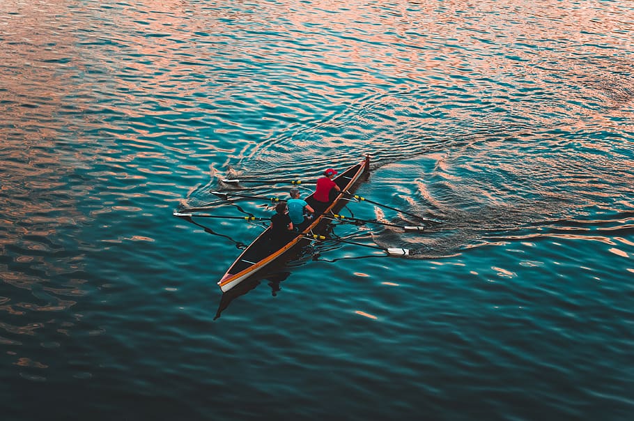 Three People on Brown Canoe Sailing on Calm Water, boat, floating HD wallpaper