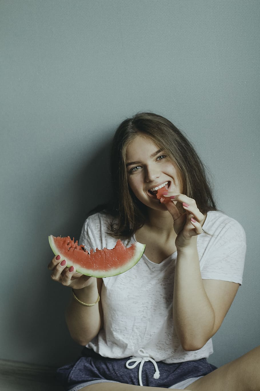 Woman Wearing White Shirt Eating Watermelon, attractive, beautiful
