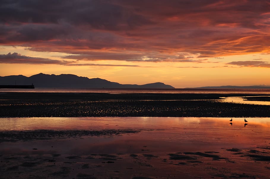 reflection, beach, island, dusk, sunset, orange, scenic, mood HD wallpaper