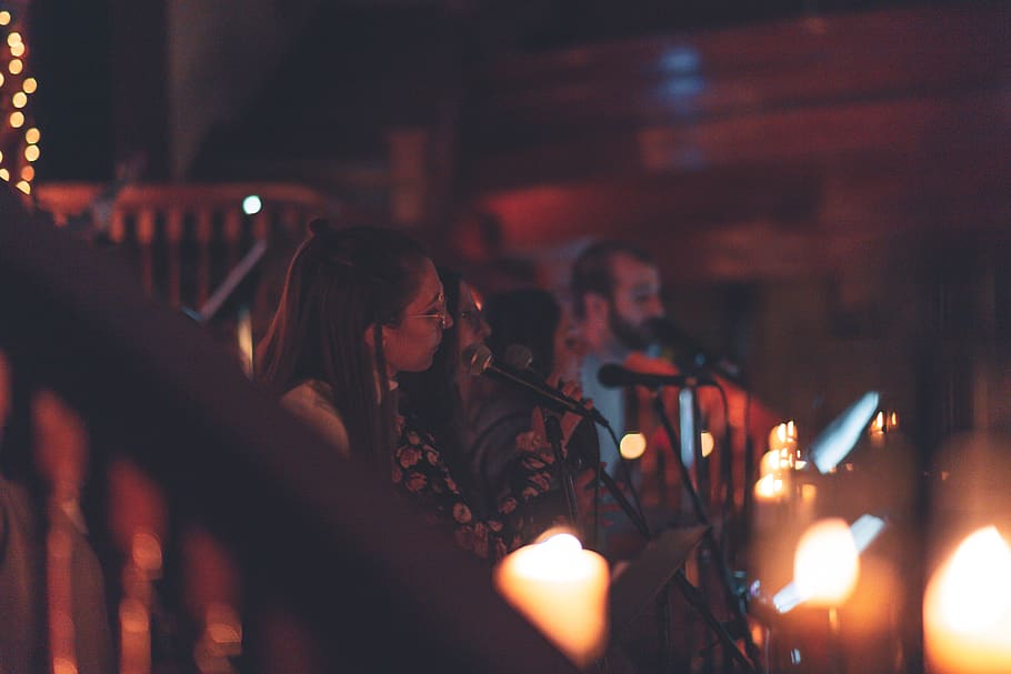 Photo of People Singing, adults, ambiance, band, blur, candle