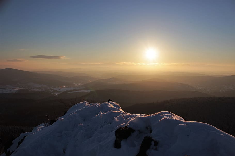sunset, dawn, landscape, mountain, heaven, winter, travel, panorama-like HD wallpaper