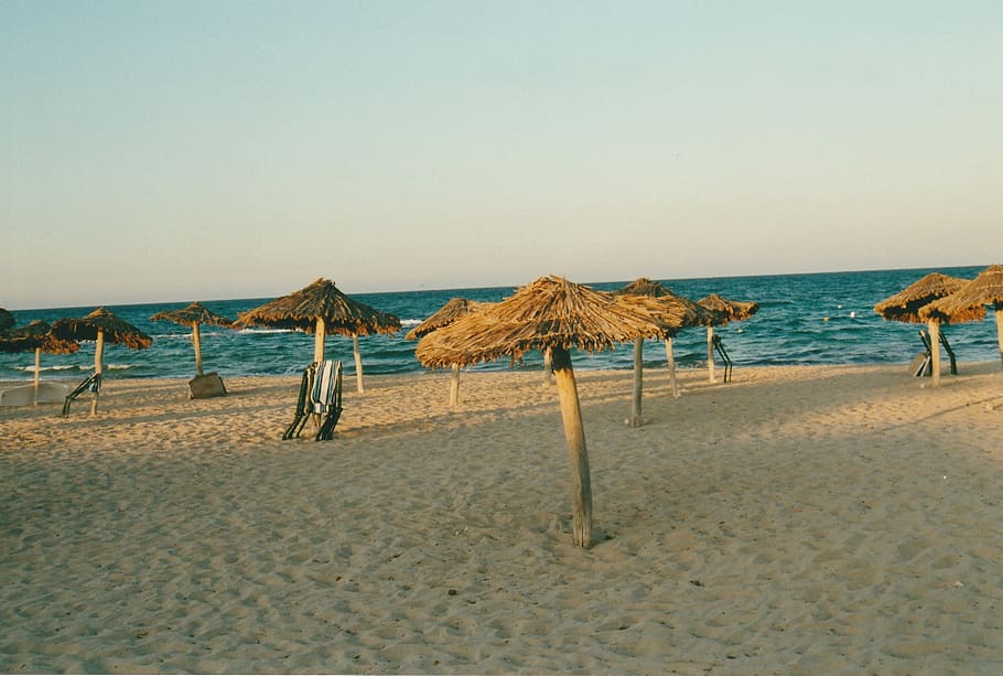 tunisia, amira beach, parasol, sands, ocean, sea, sunshine, HD wallpaper