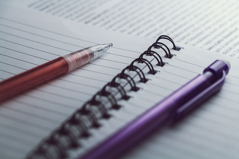Purple and Red Pen on White Paper, notebook, pages, pens, spiral HD wallpaper