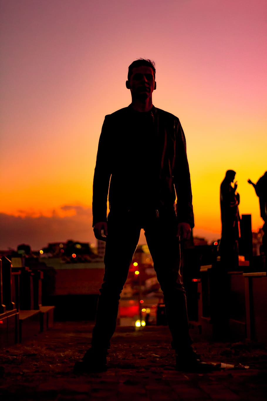 Standing Man Wearing Jacket and Pants during Sunset, adult, backlit