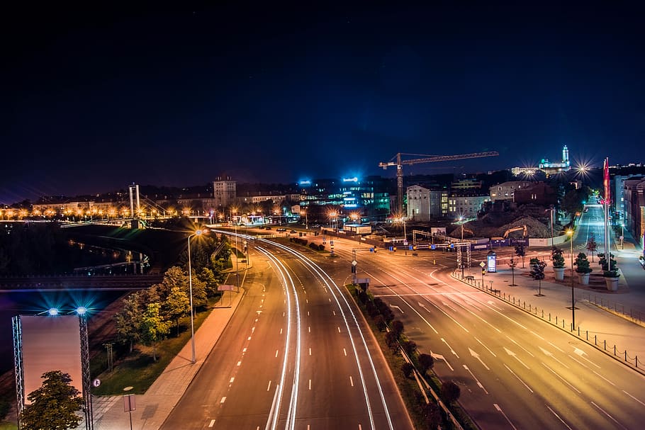 illuminated, city, night, architecture, transportation, long exposure HD wallpaper