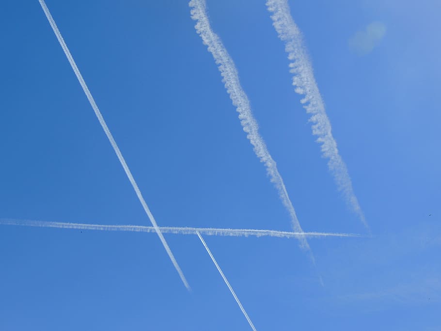 clouds, sky, bue, steam, fly, geometric, traces, plane, vapor trail HD wallpaper
