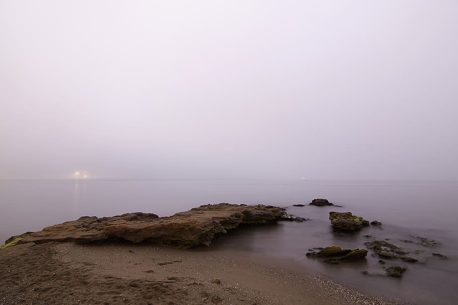 málaga, spain, playa misericordia, fog, niebla, mediterráneo