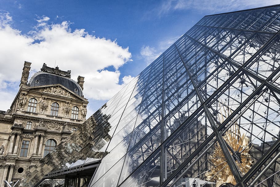 france, paris, louvre museum, cloud, musee du louvre, glass, HD wallpaper
