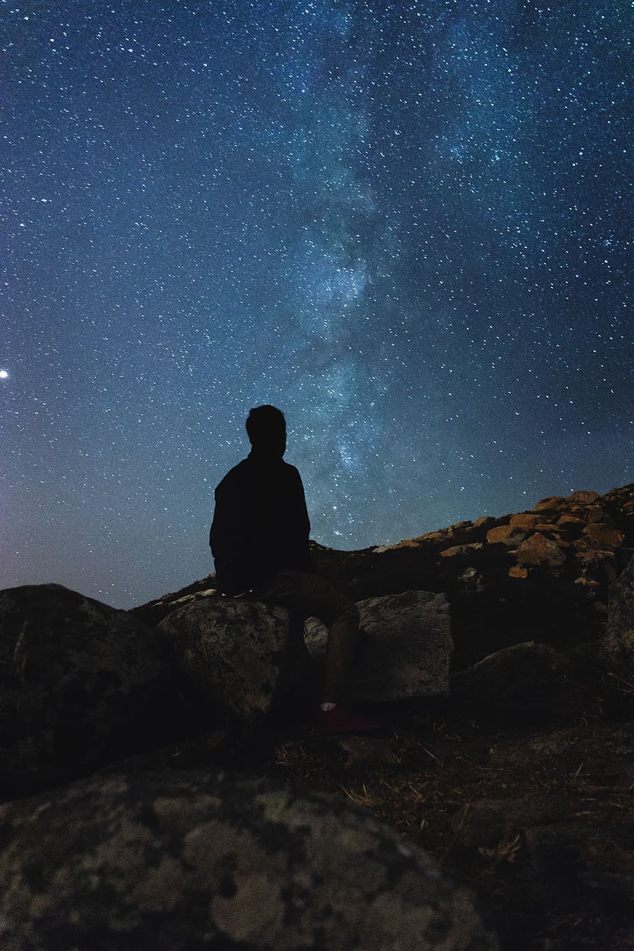 silhouette photography of man sitting on rock, sad, nature, nightscape
