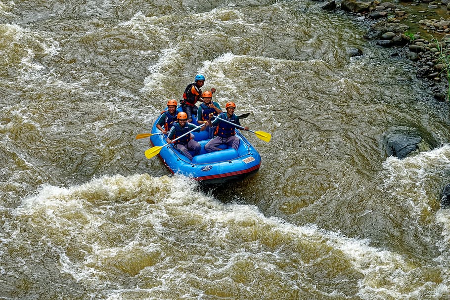 People Riding on Inflatable Boat, activity, adventure, bird's eye view