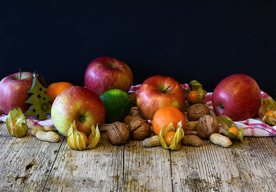 fruit, apple, tangerines, nuts, still life, fresh, healthy HD wallpaper