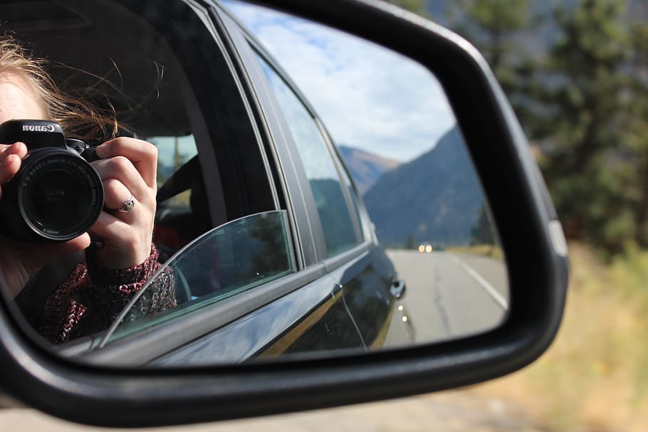 photo of car side mirror, car mirror, camera, person, okanagan valley, HD wallpaper