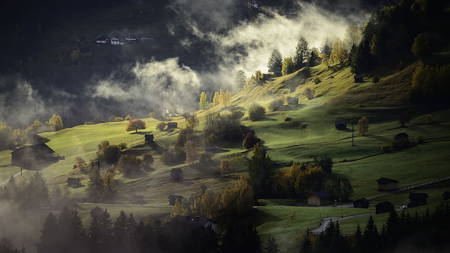 Green Mountain Under Blue Sky, fog, landscape, mist, nature, trees HD wallpaper