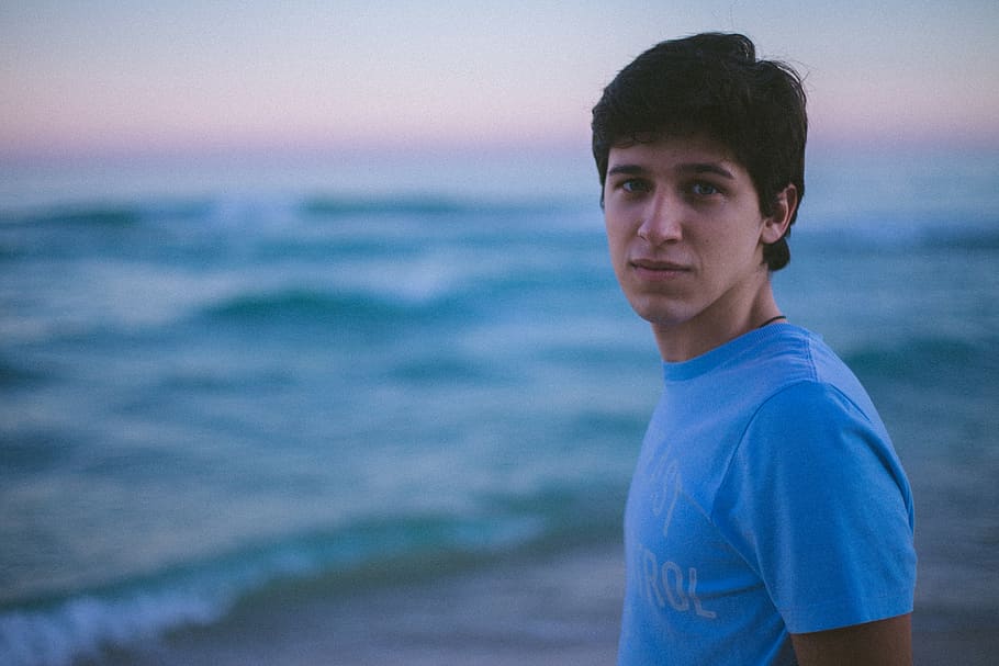 sea, water, looking at camera, beach, one person, portrait HD wallpaper