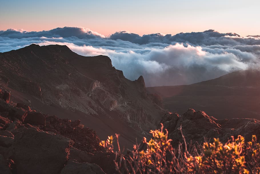 clouds, sky, mountain, air, sunrise, volcano, hawaii, maui HD wallpaper