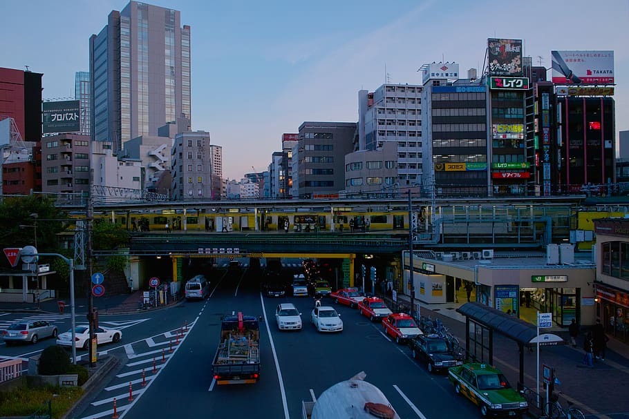 japan, shinjuku-ku, iidabashi station, tokyo, train, cityscape
