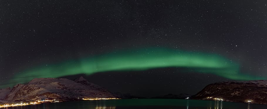 aurora borealis at night, nature, outdoors, mountain, sky, fjord HD wallpaper
