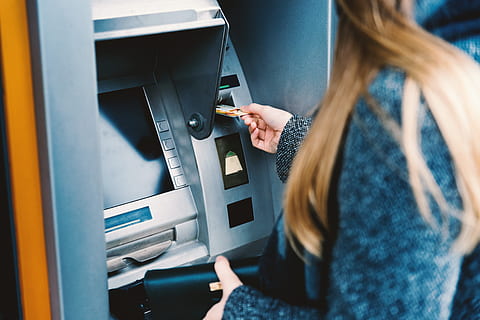 Young woman withdrawing money from credit card at ATM, women HD wallpaper